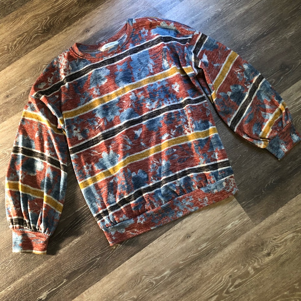 Fall Floral Striped Bubble Sleeve Sweater